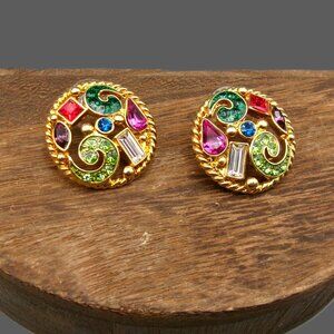 NWOT Haskell Jeweled Gold Tone Crystal Earrings, Multi Color Open Work Dome